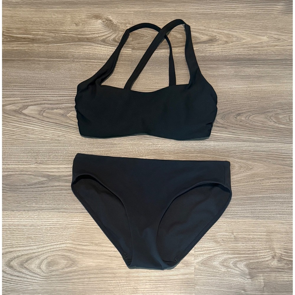 Athleta Black Bikini Set Cross Back Top 32D/DD XS Bottoms Two Piece Swimsuit